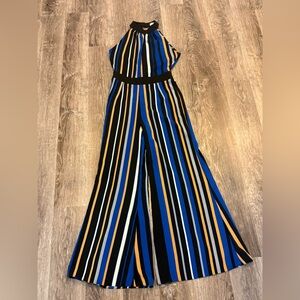 Sleeveless Striped Wide-Leg Jumpsuit in Blue, Black & Gold